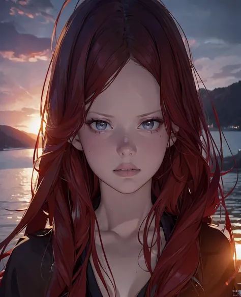 mia goth as red hair woman, black hood, myriad lake,(best quality,4k,8k,highres,masterpiece:1.2),ultra-detailed,(realistic,photo...