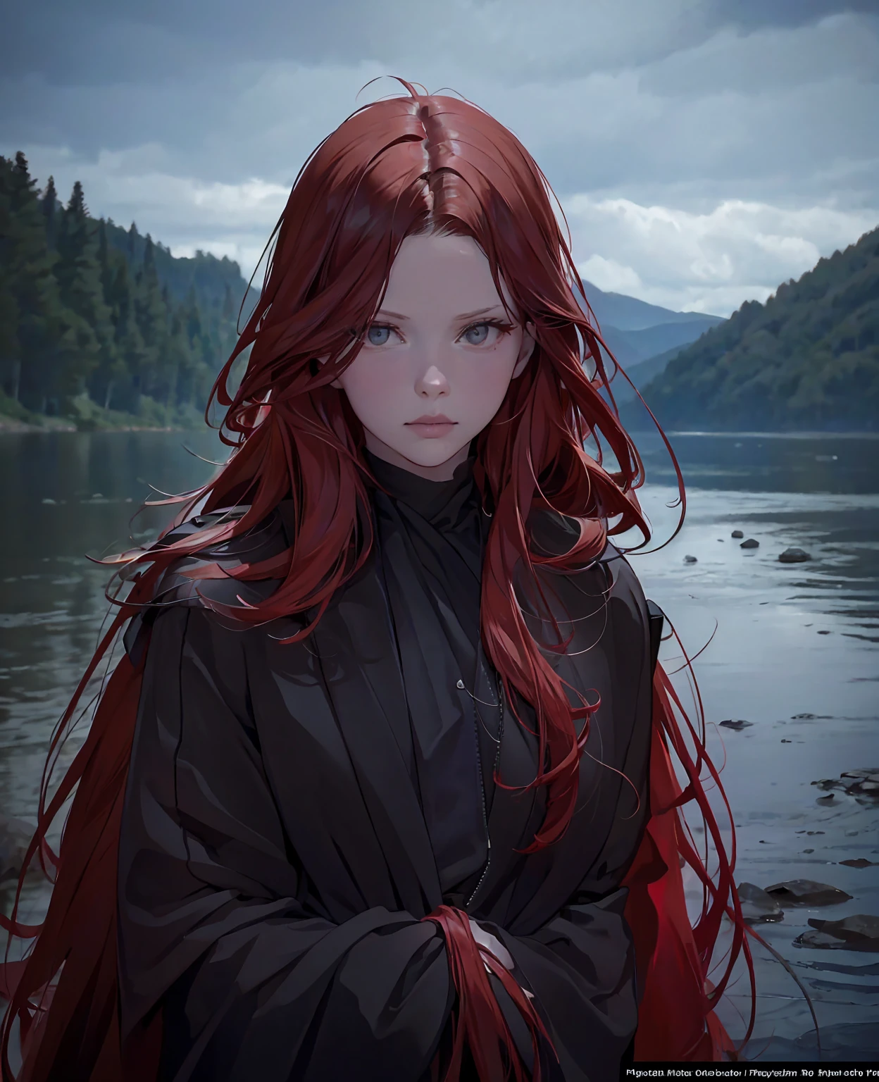 Mia goth as red hair woman, black hood, myriad lake,(best quality,4k,8k,highres,masterpiece:1.2),ultra-detailed,(realistic,photorealistic,photo-realistic:1.37),detailed face and eyes,long eyelashes,beautiful detailed lips,myriad lake scenery,dark fantasy,moody lighting,dramatic colors,dramatic chiaroscuro,gothic,cinematic,dramatic