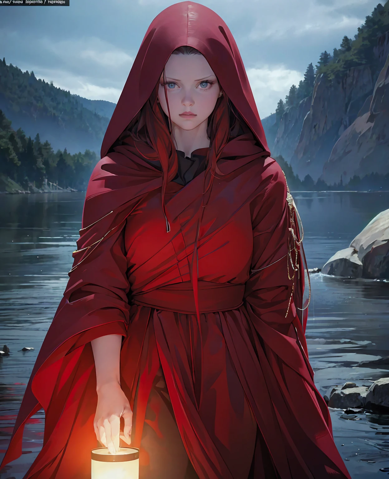 Mia goth as red hair woman, black hood, myriad lake,(best quality,4k,8k,highres,masterpiece:1.2),ultra-detailed,(realistic,photorealistic,photo-realistic:1.37),detailed face and eyes,long eyelashes,beautiful detailed lips,myriad lake scenery,dark fantasy,moody lighting,dramatic colors,dramatic chiaroscuro,gothic,cinematic,dramatic