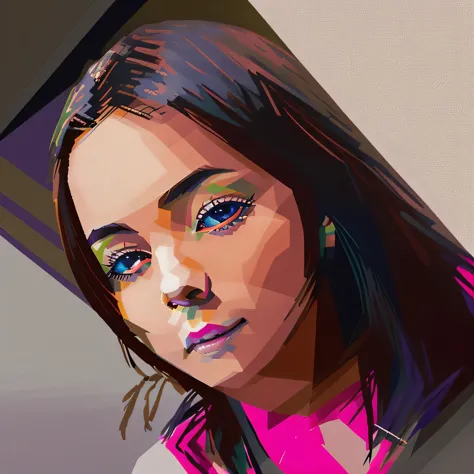 there is a young girl with long hair and a pink shirt, violet myers, alanis guillen, she is about 1 6 years old, taken in the early 2020s, headshot profile picture, isabela moner, headshot photo, nice afternoon lighting, very very low quality picture, with the sun shining on it, by reyna rochinHD, (Best Detail), (Best Quality), WPAP style, color coordination,