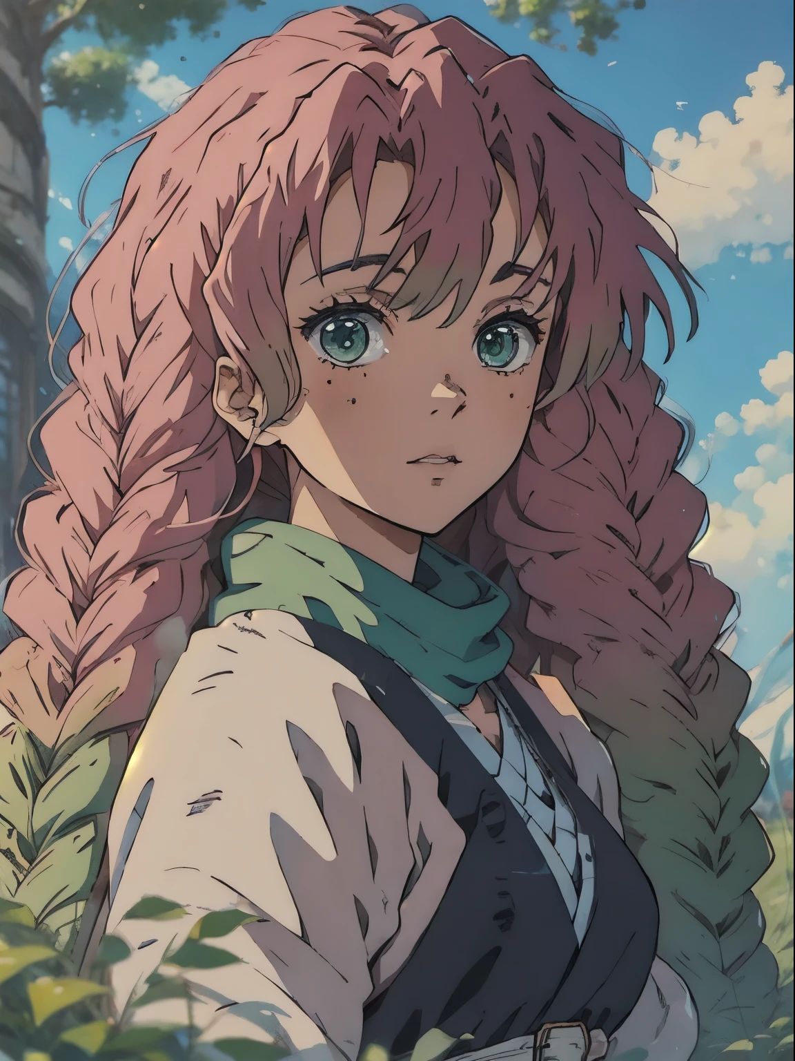 yeux verts, gros plan d&#39;une personne aux longs cheveux roses et à l&#39;écharpe verte, beau portrait animé, art animé numérique détaillé, fille animée aux cheveux longs, anime style portrait, Portrait détaillé de fille anime, beau style artistique animé, art détaillé des personnages d&#39;anime, art d&#39;anime détaillé et propre, Style artistique animé de haute qualité., portrait de fille animée, belle fille animée, cute portrait de fille animée