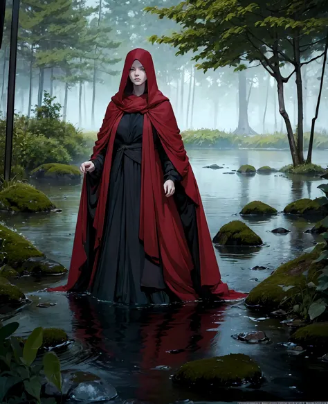 a beautiful young woman with long, flowing red hair, wearing a sexy black hooded cloak, standing in a serene lake forest landsca...