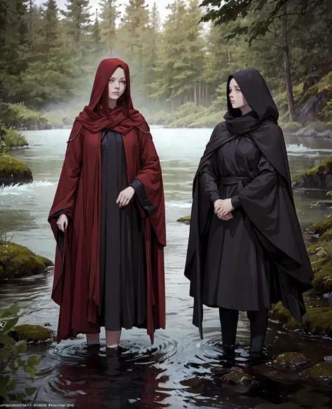 a beautiful young woman with long, flowing red hair, wearing a sexy black hooded cloak, standing in a serene lake forest landsca...