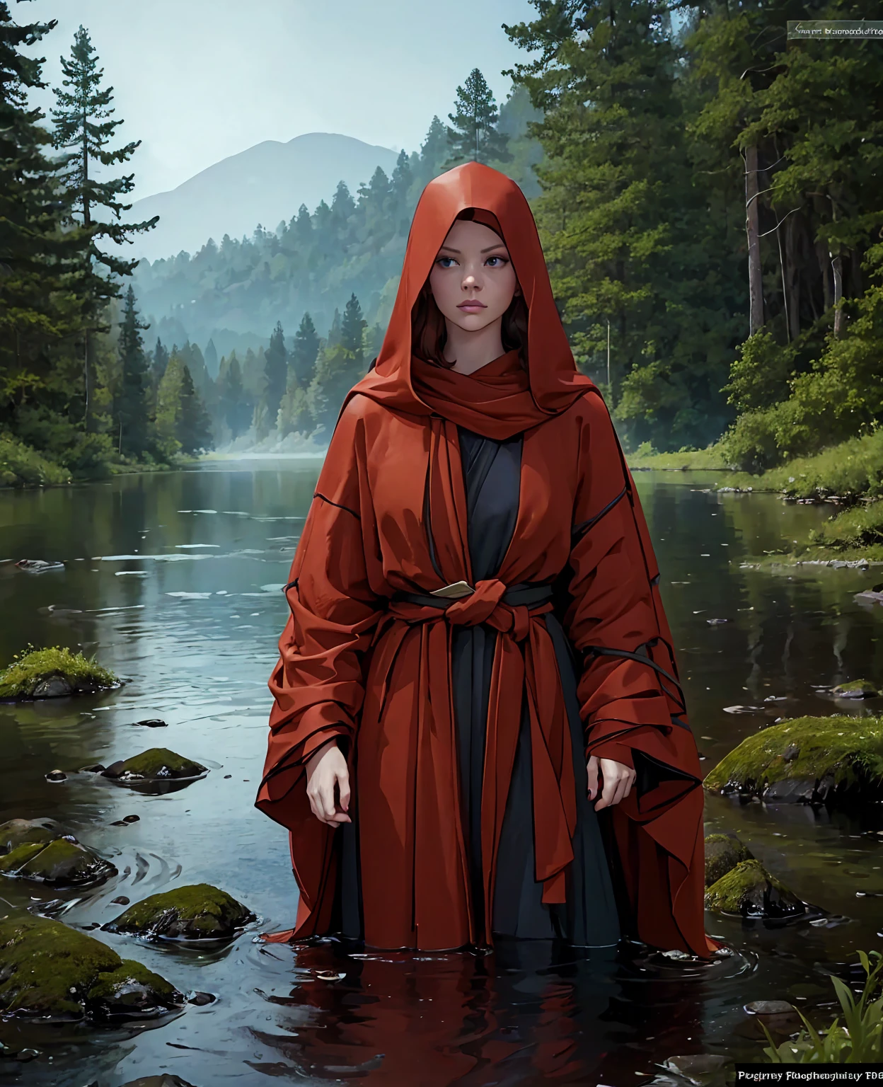 A beautiful young woman with long, flowing red hair, wearing a sexy black hooded cloak, standing in a serene lake forest landscape, (best quality,4k,8k,highres,masterpiece:1.2),ultra-detailed,(realistic,photorealistic,photo-realistic:1.37),detailed facial features, beautiful eyes, captivating expression, mist over the lake, lush greenery, sunlight filtering through the trees, dramatic lighting, fantasy, conceptual art