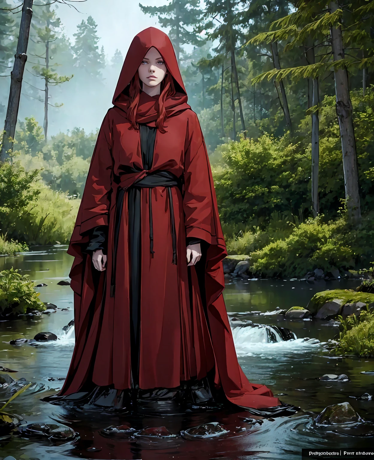 A beautiful young woman with long, flowing red hair, wearing a sexy black hooded cloak, standing in a serene lake forest landscape, (best quality,4k,8k,highres,masterpiece:1.2),ultra-detailed,(realistic,photorealistic,photo-realistic:1.37),detailed facial features, beautiful eyes, captivating expression, mist over the lake, lush greenery, sunlight filtering through the trees, dramatic lighting, fantasy, conceptual art