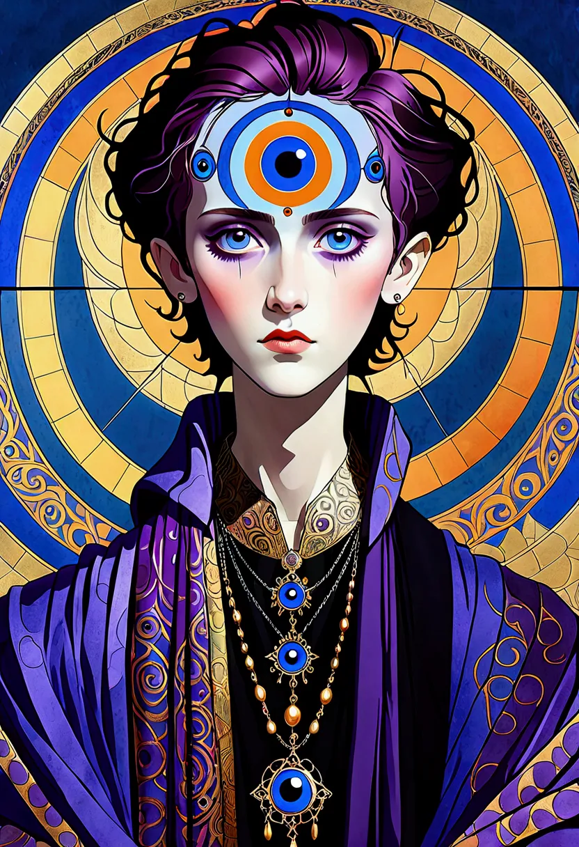 The art of math，Digital Illustration，Drawing，Decorative paintings，Watercolor，(((Harry Clark (Harry Clarke) style,圣地亚哥·卡鲁索style)))，Simple，clean，Fine painting style，(((The third eye on the forehead。short hair，Pointed ears，robe)))，Wide Angle，Black and blue，So...