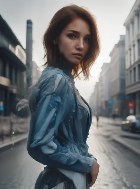 professional photo, 1girl, short ginger hair, jacket made of blue water, water drops, complex street background, 8k uhd, dslr, h...