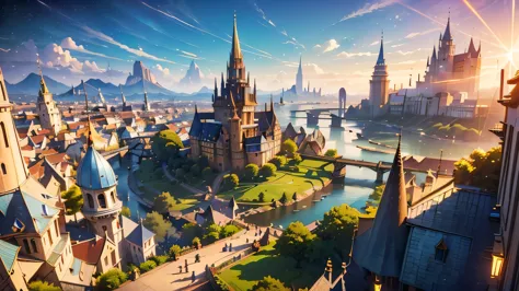 ((masterpiece, Highest quality, employment, Amazing details, Super detailed 1.1)), figure, Trending on Art Station, Fantasy city panorama, Densely populated city, Incredibly tall spire, Unique buildings, Concept Art, Studio Ghibli, Lens flare, Beautifully presented, Sunset skyline