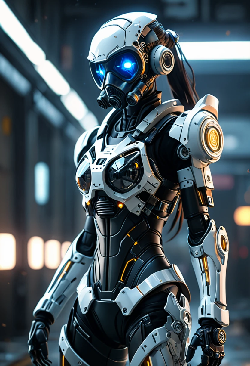 futuristic, female, solo, miko motif exoskeleton suit, led, gas mask, holding blade, machinery, digital engraving, ultra highres, absurdres, deep glow effect, hdr, light particles, cinematic lighting, depth of field