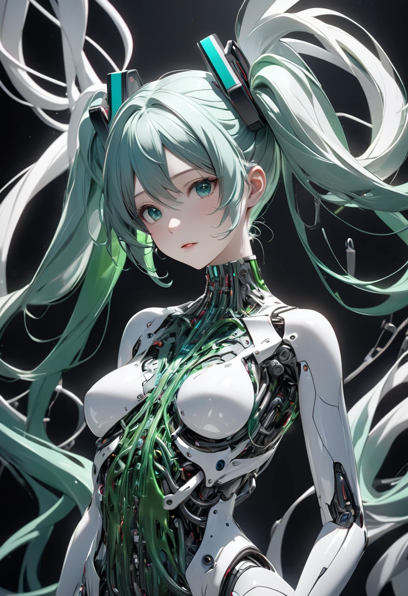 Portrait of a Hatsune Miku with a black and White  mechanical body,She stands in the darkness, shiny and beautiful.A beautiful mechanical body right down to the neck,The black and White mechanical body is a beautiful and realistic mechanical depiction.Emerald green blood vessel-like thin tubes They are connected in many ways like art on the neck spine waist etc.The background is white,  light coming from the background mysteriously illuminates the woman's body and the tubes.The woman's body arches back, creating a beautiful line, her face is impersonal,medical expressions Cowboy Shot,(Masterpiece, Best Quality4k、8k，:1.2)、High quality, high precision images,Ultra detail,3dCG concept art、Android
