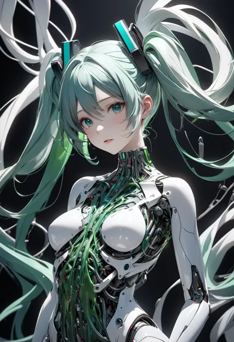 portrait of a hatsune miku with a black and white  mechanical body,she stands in the darkness, shiny and beautiful.a beautiful m...