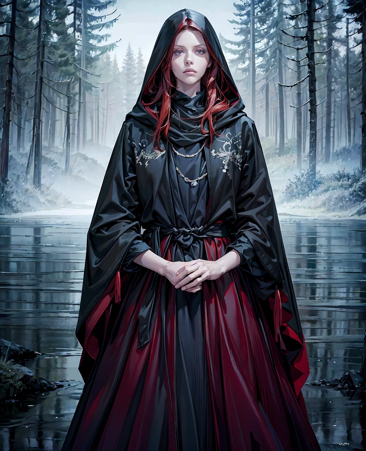 a beautiful girl with long red hair, wearing a black hooded cloak, standing in a peaceful lake forest, (best quality,4k,8k,highres,masterpiece:1.2),ultra-detailed,(realistic,photorealistic,photo-realistic:1.37),detailed eyes,detailed lips,extremely detailed face,longeyelashes,gothic,dark fantasy,atmospheric lighting,moody colors,dramatic lighting,cinematic,dramatic composition,mystical,enchanting,captivating