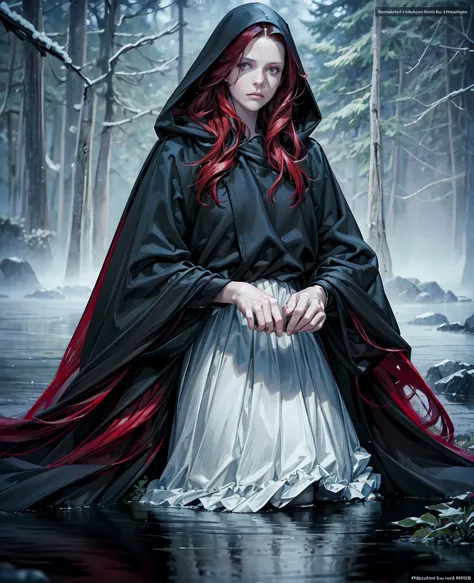 a beautiful girl with long red hair, wearing a black hooded cloak, standing in a peaceful lake forest, (best quality,4k,8k,highr...