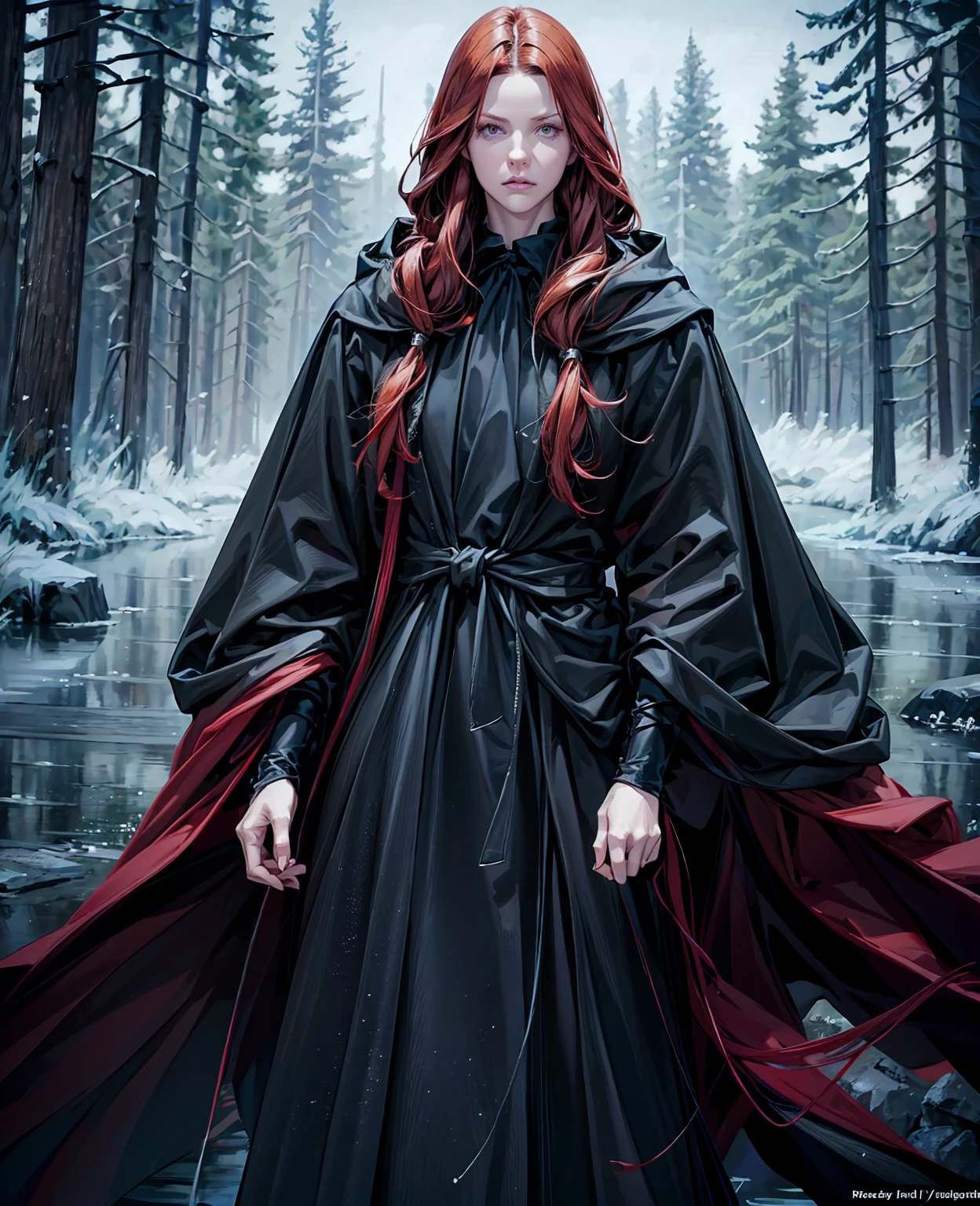 a beautiful girl with long red hair, wearing a black hooded cloak, standing in a peaceful lake forest, (best quality,4k,8k,highres,masterpiece:1.2),ultra-detailed,(realistic,photorealistic,photo-realistic:1.37),detailed eyes,detailed lips,extremely detailed face,longeyelashes,gothic,dark fantasy,atmospheric lighting,moody colors,dramatic lighting,cinematic,dramatic composition,mystical,enchanting,captivating