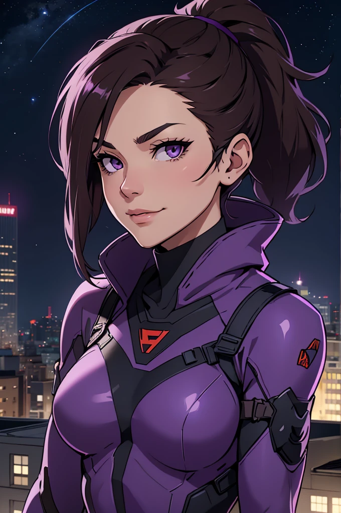 Girl, smirk, dark hair, ponytail, superhero, heroine, purple costume, balaclava, hero mask, white eyes, on a rooftop, night sky, skyline, high quality, best quality, masterpiece, 4K, 8K