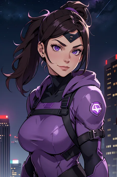 Girl, smirk, dark hair, ponytail, superhero, heroine, purple costume, balaclava, hero mask, white eyes, on a rooftop, night sky,...