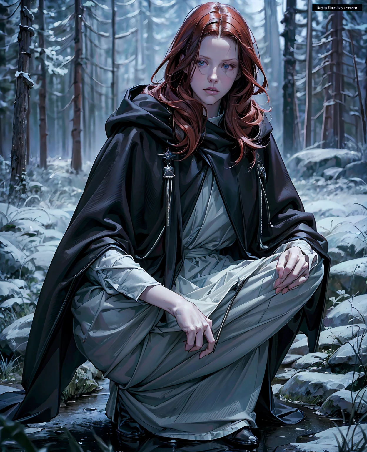 Mia Goth, redhead girl in black hooded cloak, standing in lakeside forest, sensual expression, beautiful detailed eyes, beautiful detailed lips, extremely detailed face, long eyelashes, dark moody atmosphere, mist, dramatic lighting, cinematic, (best quality,8k,highres,masterpiece:1.2),ultra-detailed,(realistic,photorealistic:1.37),moody fantasy portrait