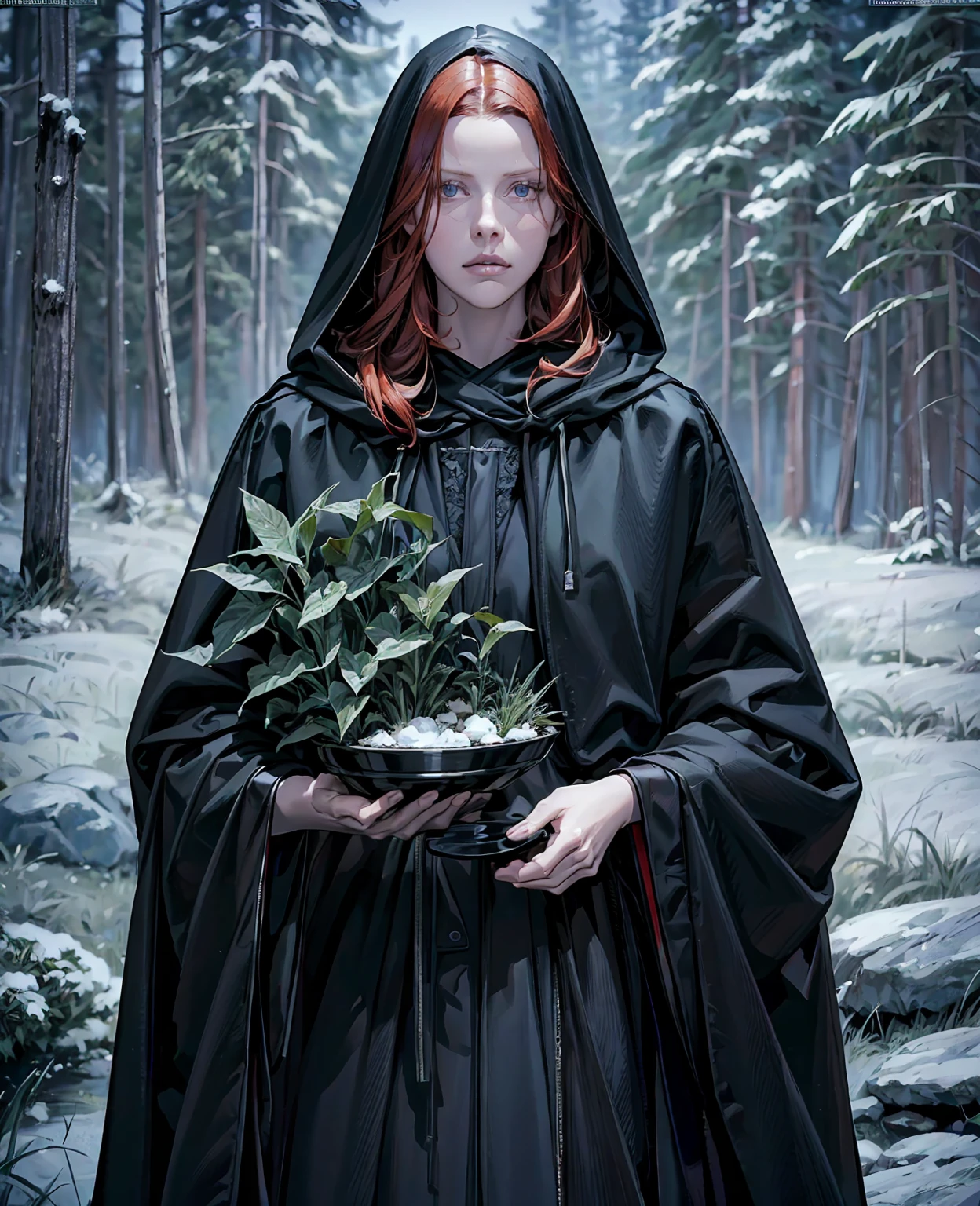 Mia Goth, redhead girl in black hooded cloak, standing in lakeside forest, sensual expression, beautiful detailed eyes, beautiful detailed lips, extremely detailed face, long eyelashes, dark moody atmosphere, mist, dramatic lighting, cinematic, (best quality,8k,highres,masterpiece:1.2),ultra-detailed,(realistic,photorealistic:1.37),moody fantasy portrait