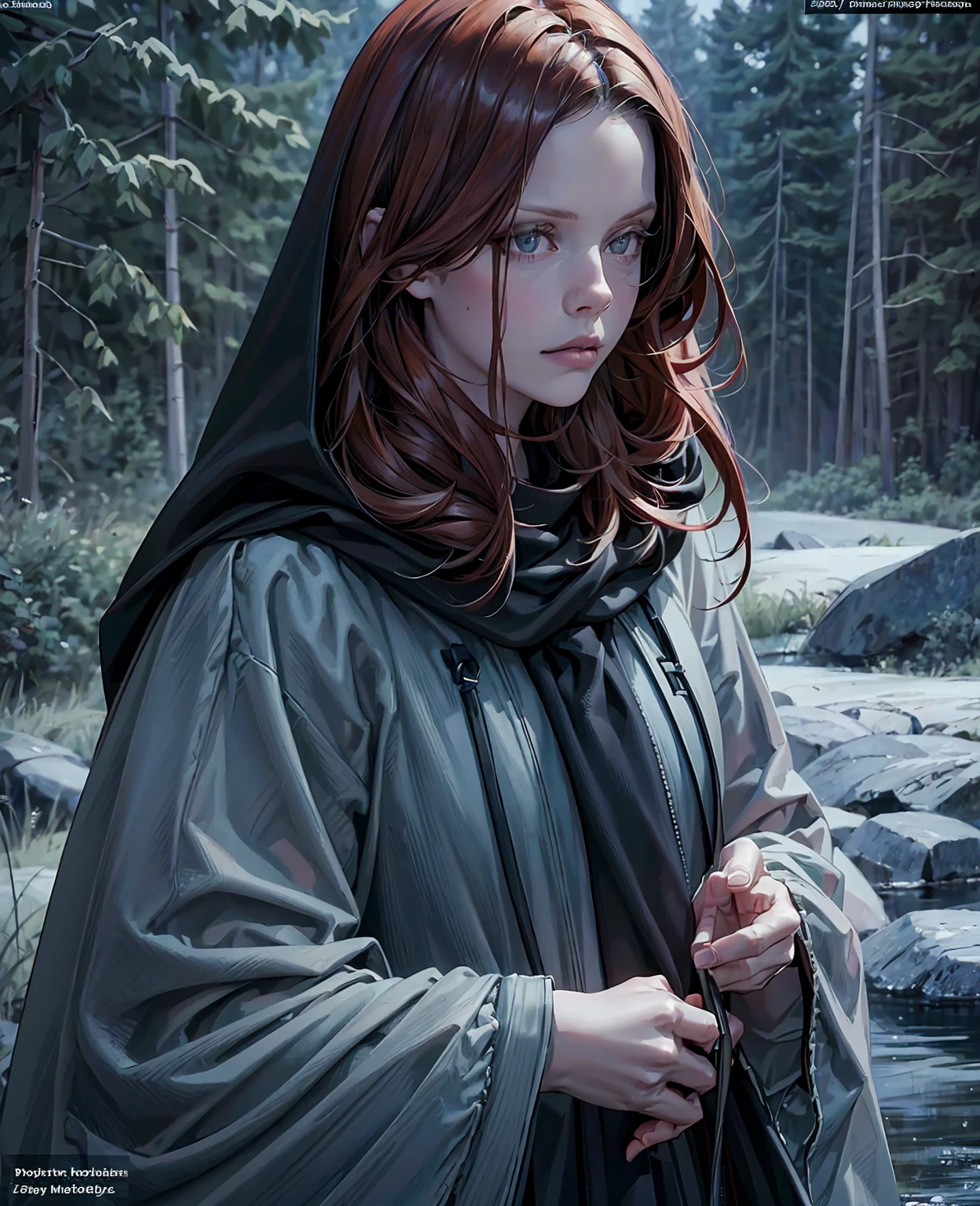 Mia Goth, redhead girl in black hooded cloak, standing in lakeside forest, sensual expression, beautiful detailed eyes, beautiful detailed lips, extremely detailed face, long eyelashes, dark moody atmosphere, mist, dramatic lighting, cinematic, (best quality,8k,highres,masterpiece:1.2),ultra-detailed,(realistic,photorealistic:1.37),moody fantasy portrait