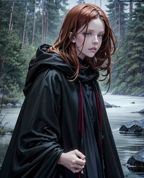 mia goth, redhead girl in black hooded cloak, standing in lakeside forest, sensual expression, beautiful detailed eyes, beautifu...