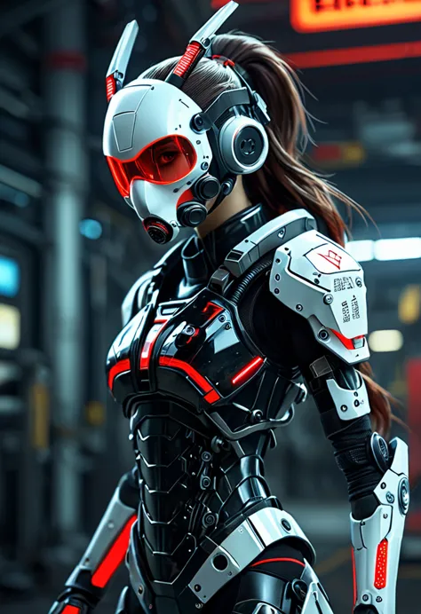 futuristic female,  miko motif exoskeleton suit, led, gas mask, holding a red blade, machinery, digital engraving, ultra highres...