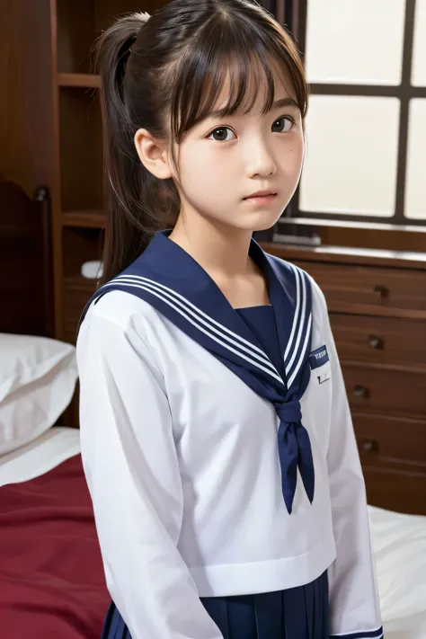 ((Highest quality)), ((Photo quality)), (detailed), Perfect Face,12 years old,bed,Upper Body,ponytail,,Sailor suit