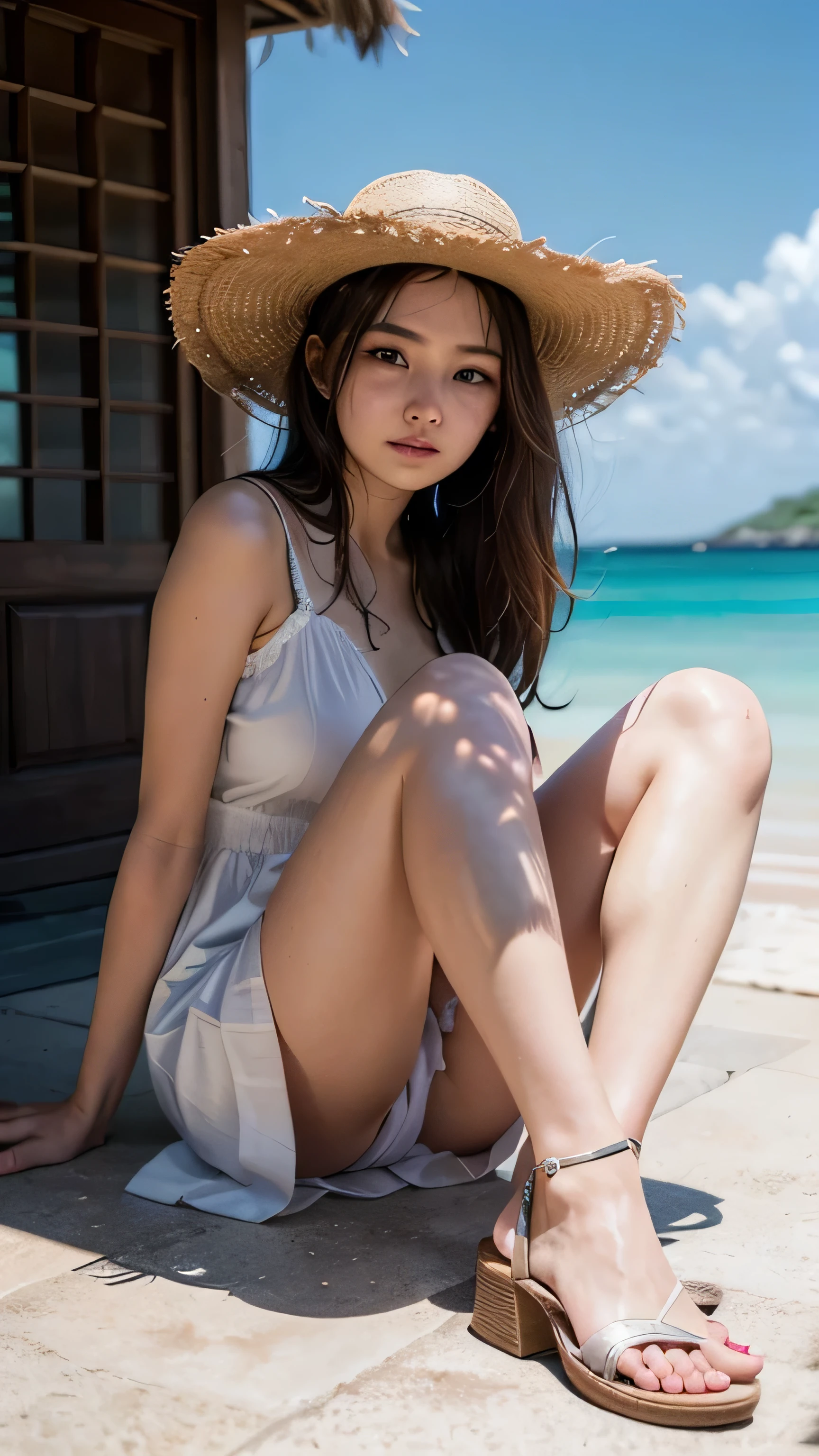 (Summer beach、Sitting by the beach、Spread your legs座る、Spread your legs:1.2、Resort、blue sky、Beautiful sea)、(White Dress:1.4、Mini Dress:1.3、Wearing a straw hat、Sandals、Panties with detailed lace:1.3)、(Realistic、Like a photograph、Live Action、8k, Realistic, RAW Photos, Best image quality: 1.4), Single-lens reflex camera、RAW Photos, Highest quality, Realistic, Highly detailed CG Unity 8k wallpaper, Written boundary depth, Cinematic Light, Lens flare, Ray Tracing, Realistic background、((ultra high density skin))、 A teenage girl traveling in Okinawa,Cute Japanese Woman、((whole body:1.5)，avert your eyes:1.1、Straight Long Hair:1.2、I like that style、stylish、Very detailed、Pay attention to the details、Perfect outfit、(White skin)、Beautiful feet:1.1，View from below、Accurate hands、Accurate legs、Detailed hands and fingers、Anatomically correct body、Arms and legs are&#39;mix