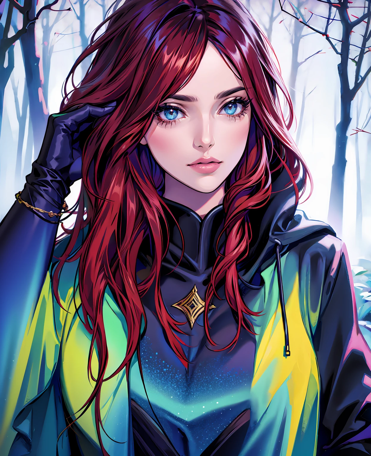 a girl with long red hair, wearing a black hooded cloak, standing by a lake in a forest, (best quality,4k,8k,highres,masterpiece:1.2),ultra-detailed,(realistic,photorealistic,photo-realistic:1.37),beautiful detailed eyes,beautiful detailed lips,extremely detailed face,longeyelashes,fantasy,dark mood,dramatic lighting,dramatic shadows,cinematic composition,vibrant colors,atmospheric,mystical,moody