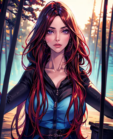 a girl with long red hair, wearing a black hooded cloak, standing by a lake in a forest, (best quality,4k,8k,highres,masterpiece...