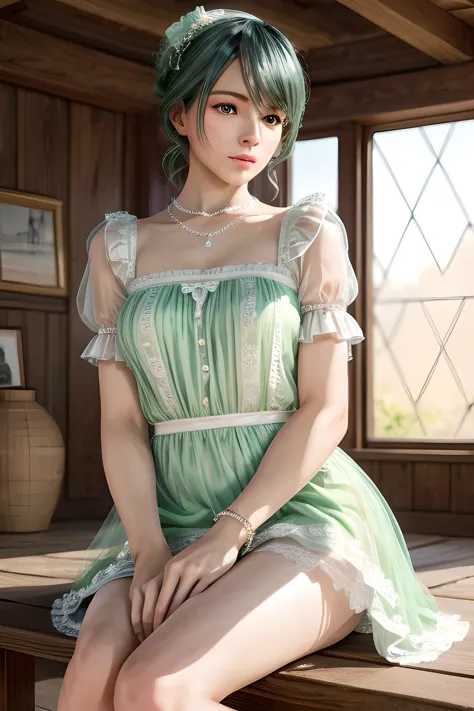 1girl,A female sits on a white floor with her legs crossed at one side. They wear a light green dress with sheer puff sleeves an...
