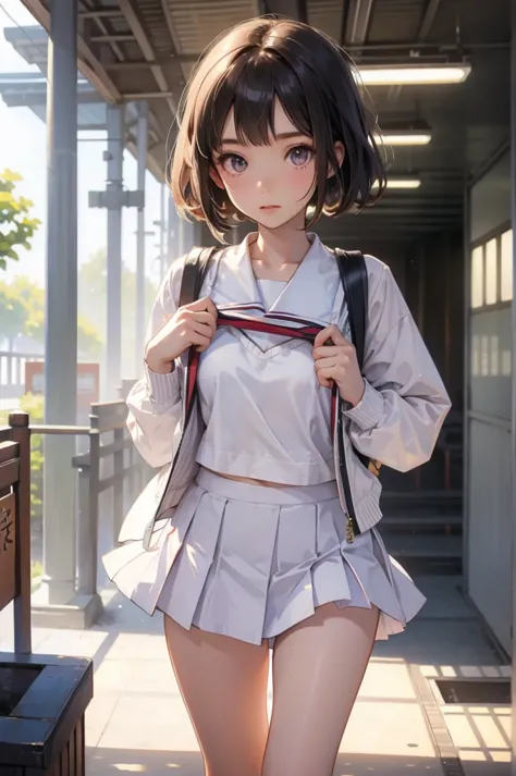 Short skirt, White panties,Cute school girl, Japanese Uniform,whole body,