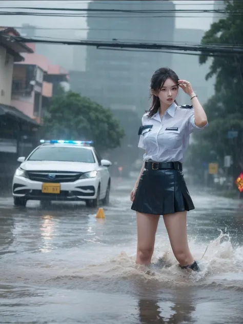 real photos, background  strong typhoon rain, wet all over, sea water pouring in, road turned into pool, water flooded the roof,...