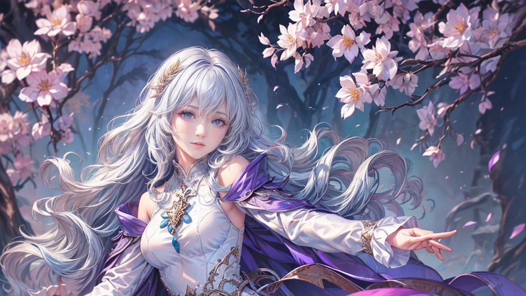 (8k, 最high quality, masterpiece: 1.2), White robe,beautiful girl,Moonlit Night,sexy,Glamour,Purple eyes,sacred,Dynamic pose,One Girl,Flower Field,Lakeside(the best品質を最高に8k, CG, Beautiful and exquisite upper body, Floral forest background, Complex facial features, Almond Eyes, Exquisite eye makeup, Long eyelashes fluttering, Blinking big eyes, (masterpiece, 最high quality, the best, Official Art, Beautiful and beautiful, Long-term exposure: 1.2), Smooth movement, Attractive patterns, 1 Girl, (Long sleeve dress: 1.3), (((White clothes) )), Delicate face,Lavender colored hair,Wavy Hair, Gradient Hair,Long Hair, Bare shoulders, ,Detailed Background, Delicate face,, Dynamic pose, Suspended particles, Ethereal atmosphere,gem,One Girl,goddess，Delicate and beautiful face,Flowing，Perfect balance, Detailed clothing details,Cinema Lighting, Film Grain, Fujicolor, masterpiece, Textured skin, Very detailed, High detail, high quality, High resolution,