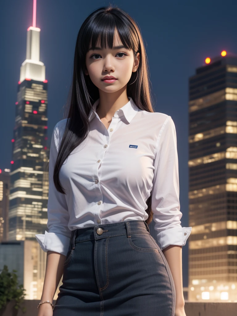 1 chica, (uniform), de pie, Al aire libre, Vista nocturna, detallada ciudad metropolitana al fondo, cara detallada, Sonrisa pequeña, ojos detallados, pechos grandes, smooth Realista skin, cuerpo semi-curvado, camisa blanca, minifalda azul gris, Mirando al público, (8K, foto cruda, mejor calidad, obra maestra: 1.2), (Realista, Realista: 1.37), Resolución ultra alta