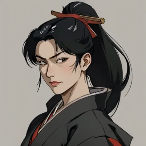 (masterpiece), (best quality),(portrait),(bust up),1girl,solo,(sharp focus),(look at viewer),samurai girl,black hair, kimono, an...