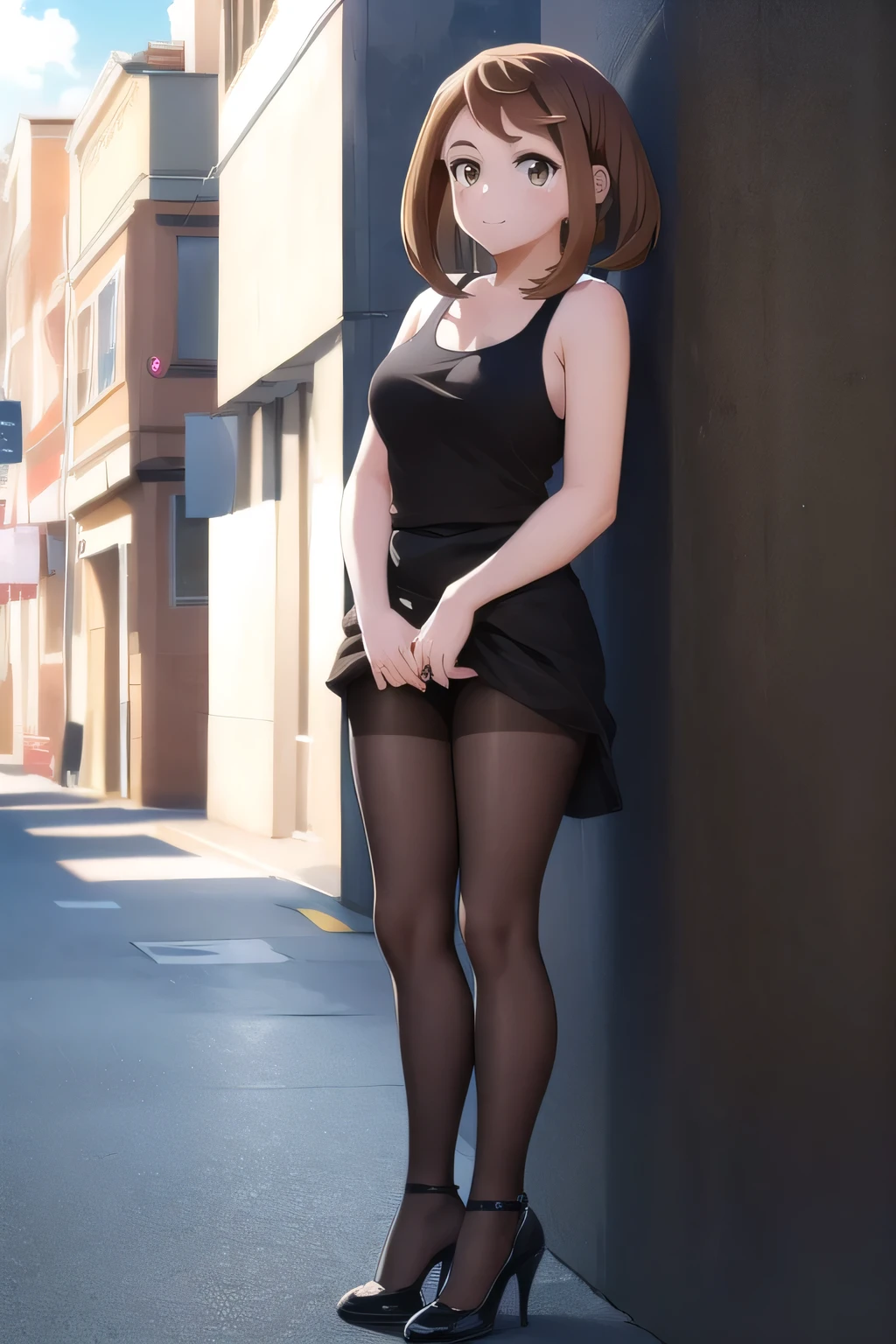 ochakouraraka, ochako uraraka, (uraraka ochako standing up against a wall:1.5), (brown eyes:1.5), brown hair, short hair, blush, blush stickers, smile, BREAK bare shoulders, black pantyhose, tank top open that shows naked , long sexy skirt open to show her pussy, black tank top, BREAK outdoors, city, BREAK looking at viewer, (full body view:1.5) BREAK (masterpiece:1.2), best quality, high resolution, unity 8k wallpaper, (illustration:0.8), (beautiful detailed eyes:1.6), extremely detailed face, perfect lighting, extremely detailed CG, (perfect hands, perfect anatomy), HIGH HEELS SEXY SHOES
