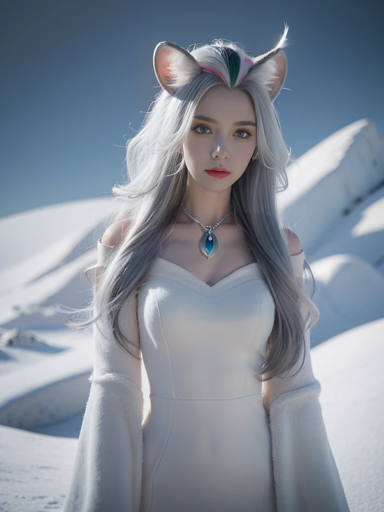 (Masterpiece, best quality:1.2),1 girl, upper body,tail, large tail, white hair, My hair is very long., Wavy hair, gray eyes, detailed eyes, colorful hair, circle, bead necklace, animal ears, leopard ears, black coat, white dress, hip vents, Pelvic curtain, gray thighs, snowy, snowy mountains, snow storm, Volumetric light, subsurface scattering, movie light, chiaroscuro, floating hair, Put your hand on your chest.