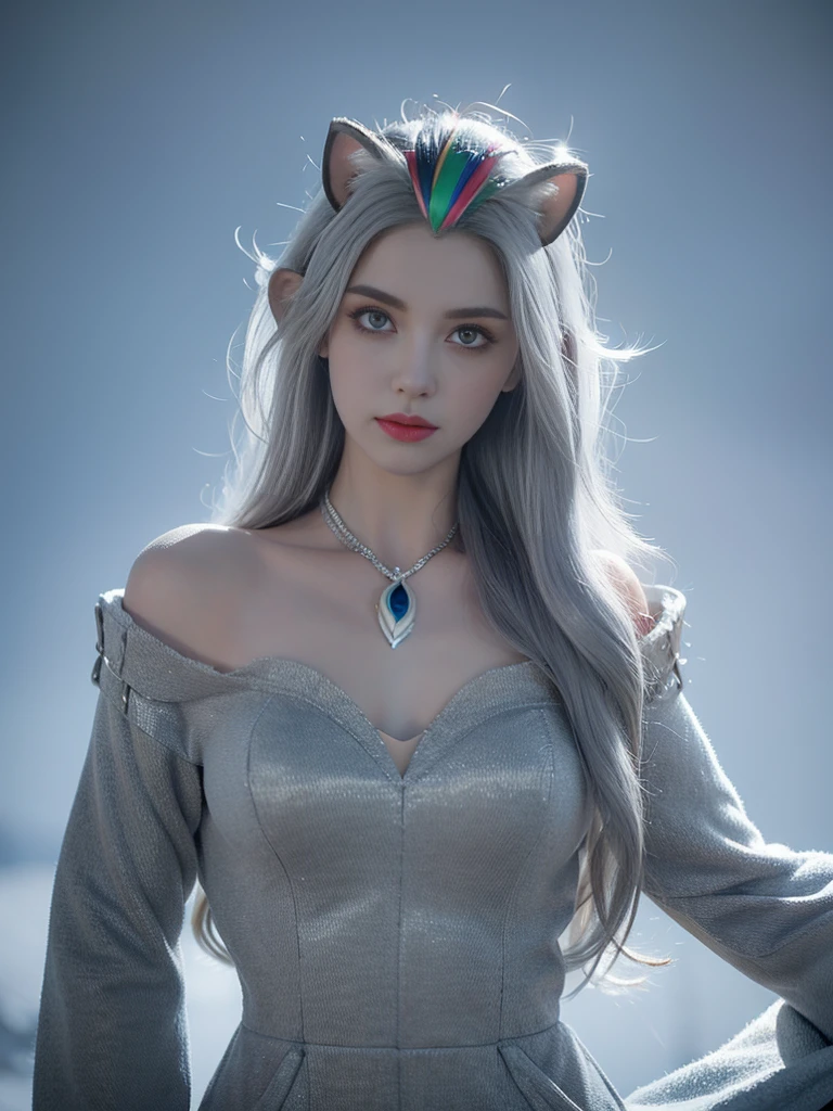 (Masterpiece, best quality:1.2),1 girl, upper body,tail, large tail, white hair, My hair is very long., Wavy hair, gray eyes, detailed eyes, colorful hair, circle, bead necklace, animal ears, leopard ears, black coat, white dress, hip vents, Pelvic curtain, gray thighs, snowy, snowy mountains, snow storm, Volumetric light, subsurface scattering, movie light, chiaroscuro, floating hair, Put your hand on your chest.