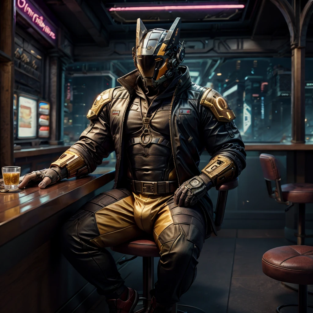 male, (muscular, full nude, only Glowing cyberpunk future helmet, business suit,)  realistic, bar, sitting counter chair,