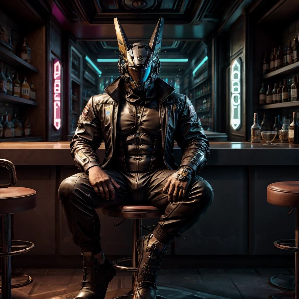 male, (muscular, full nude, only Glowing cyberpunk future helmet, business suit,)  realistic, bar, sitting counter chair,