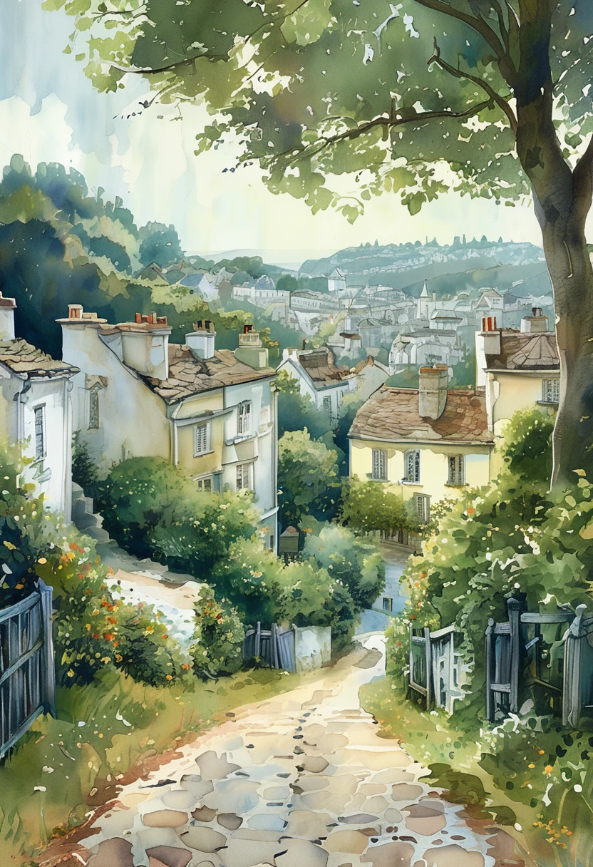 Montmartre Hill、High resolution,Postcard illustration,, Highest quality, 超High resolution, (Realistic:1.5),(skin reflex:1.3), RAW Photos,Physically Based Rendering,Curvy, , Simple Background,style of Beatrix Potter