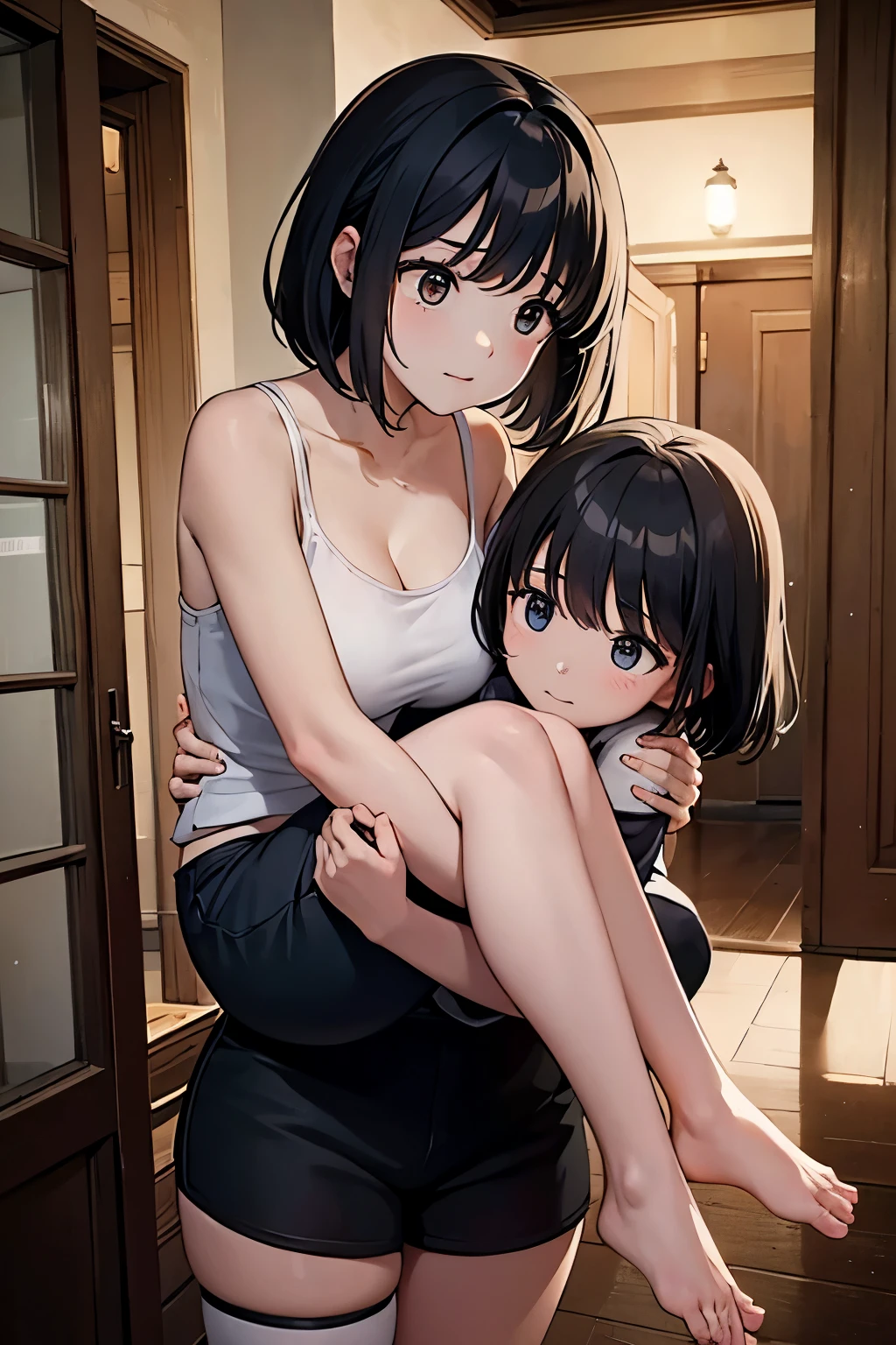 A young elementary school girl, her face filled with gentle concern, carefully cradling a 35-year-old woman in her arms. The woman, a recluse with a history of depression, is dressed in a simple tank top and shorts, her eyes closed as she clings to a teddy bear—a symbol of her long-lost childhood innocence. The stark contrast between the youthful exuberance of the  and the weary, withdrawn expression of the woman highlights the gravity of the situation. The girl's  is neatly pressed, showcasing her innocence and the stark reality of her newfound responsibility. The woman's unkempt hair and the dark circles under her eyes tell a story of prolonged solitude and struggle. The dimly lit corridor they navigate is cluttered with remnants of a once-lived life—books, dishes, and clothes scattered about, hinting at the chaos of mental illness. The soft glow from the open doorway at the end of the corridor suggests the sanctuary of a bedroom, offering a beacon of hope and care. The scene is a poignant representation of the reversal of roles, where a  becomes the guardian and the adult, the  in need of protection. The warmth in the girl's embrace and the trust in the woman's posture reveal a bond that transcends age and societal norms, presenting a powerful narrative of unconditional support and the unyielding human spirit.