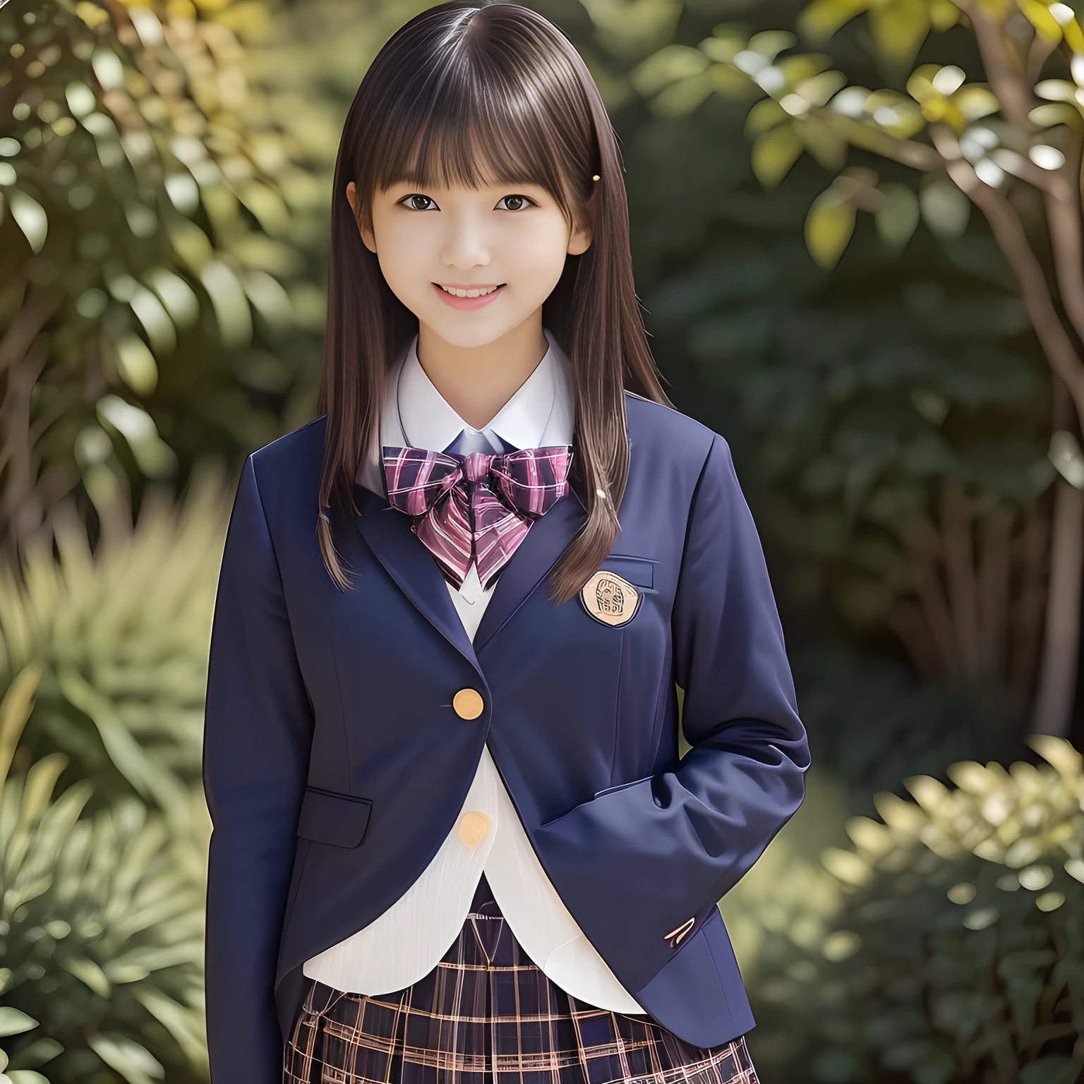 (Highest quality, masterpiece:1.2), Highest quality, High resolution, 1080P, 8k, height: 158cm, ((A noble, graceful and intelligent 14yo Japanese young idle who has a best proportion)), ((So sweet, very noble, neat, and pretty 14yo Japanese beautiful girl)), ((A real, very girly, sweet, cute and noble Japanese actress)), ((((A beautiful Japanese 14yo cute fashion magazine's model)))), ((((Very pure white face and limbs)))), Glossy Lips, (Evenly cut curled bangs), ((Very beautiful, droopy, cute, pure, noble brown eyes)), ((Super long, black straight hair )), (Very shiny, glossy Lips), ((Beautiful straight hair like a school promotion model)), Watch at you, ((Incredibly well organized, Rich facial expressions)), ((Plump and beautiful white skin and face)), ((Pure, clear, gentle brown eyes)), ((staring at me)), Glossy Lips, ((Noble and elegant)), Very beautiful blue skirt, ((Large upward-curving lips)), ((((Navy Japanese school blazer with noble golden emblem)))), ((Navy and sapphire blue Japanese school uniform)), ((Tartan check pattern dark blue pleated long skirt)), ((Cobalt blue string chest ribbon)), ((((An ecstatic expression of boundless joy)))), (((Beauty and fashion magazine for young girls))), (Pretty eyes and faces with perfectly detailed:1.4), ((Cute beautiful knees)), ((Well-shaped ample breasts)), ((Tilting his head and smiling)), ((Holding her chest ribbon with her own hands)), ((beautiful dark ghosts are behind her))