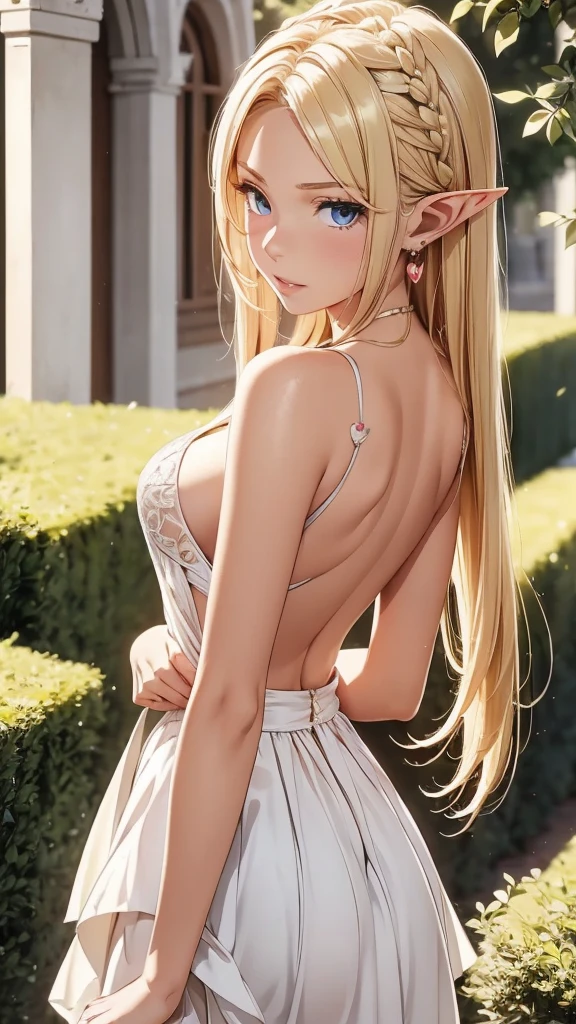 1 girl, Beautiful elf lady, blonde Long straight hair, upturn elf pointy ears, sexy figure, hot body, very beautiful face, detailed face, delicate eyes, detailed pupil, beautiful and delicate lips, blush, shy, heart, in love, white camisole long skirt, Simple and stylish, small crystal earrings, hand drawn animation, high detailed, outdoor, symmetrical clothes, best quality, masterpiece, retina,