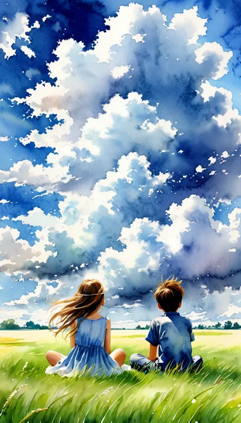 make me a beautiful water color like image of a really nice clouds , wide photography , with a really nice field of grass and a ...