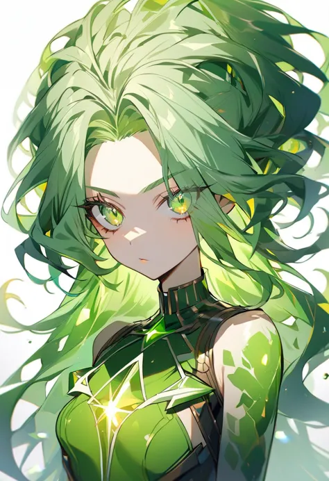 1girl, soght green eyeliner,  green dress，light green long perm hair，sparkling light green eyes，(((white background)))，(forehead...