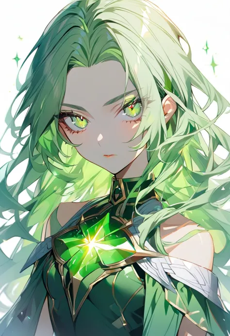 1girl, soght green eyeliner,  green dress，light green long perm hair，sparkling light green eyes，(((white background)))，(forehead...