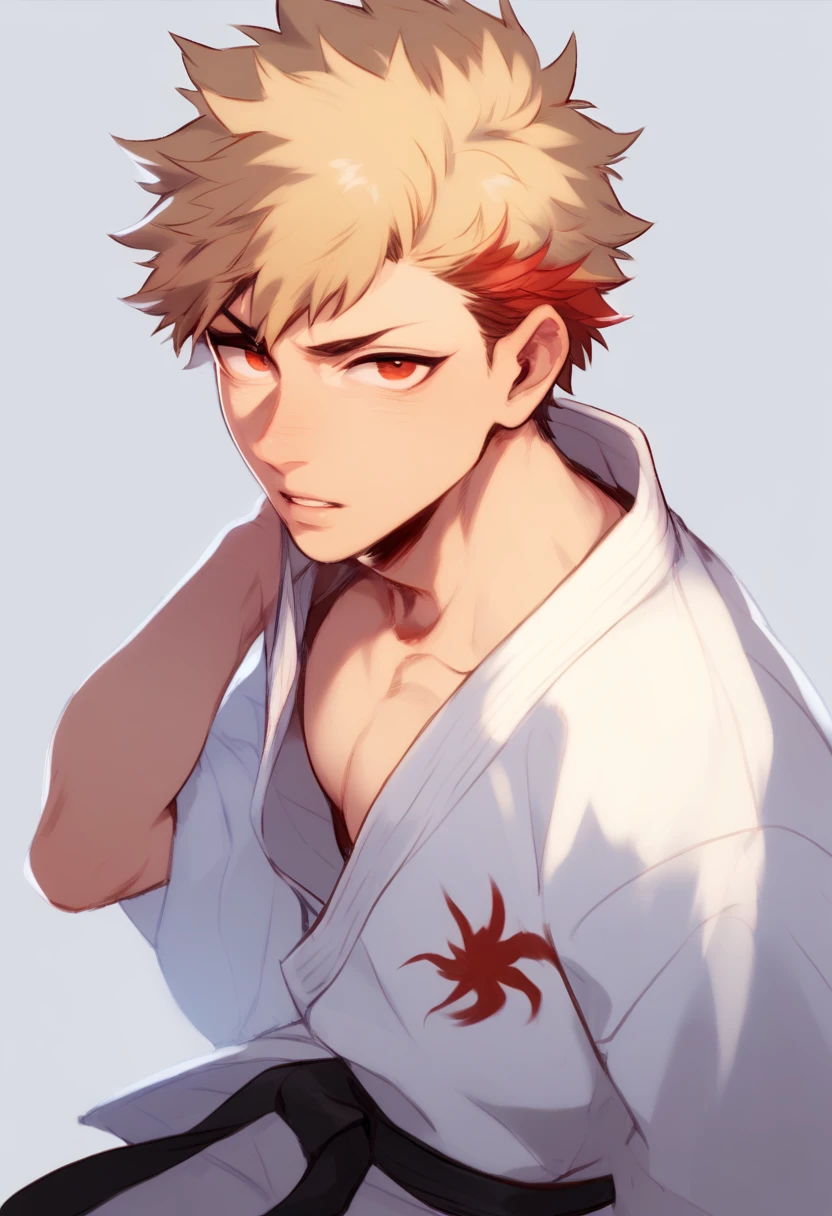 bakugo katsuki,red eyes, blonde hair, short hair,1boy,solo focus, spiked hair, summer attire, parted lips, oversized Kyokushin Karate Gi, Black Belt, full body 