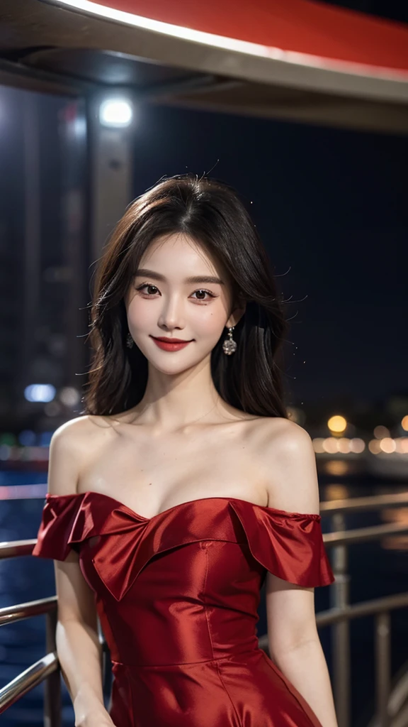 A sweet girl by the yatch，voluminous hair，Delicate face，Photorealsitic，of a real，largeaperture，wears a dark red dress，A cropped dress，Off-the-shoulder，A dress around the neck，Slim，smiles，Ultra-high resolution, Blurred background