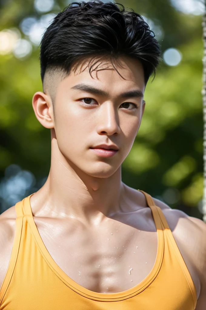 (Highest quality, realistic:1.37), high resolution, studio lighting, very detailed, professional, bright colors, Bokeh, portrait photography, Japanese man, expensive, look good, black hair, Age 25, white skin, stalwart, Wavy abdominal muscles, charm, athletic ability, sweat a lot